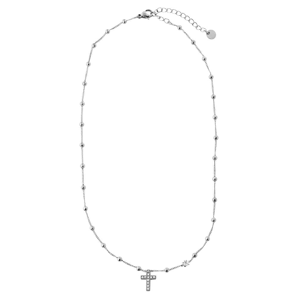 Necklace with Zirconia Studded Cross and Ball Chain