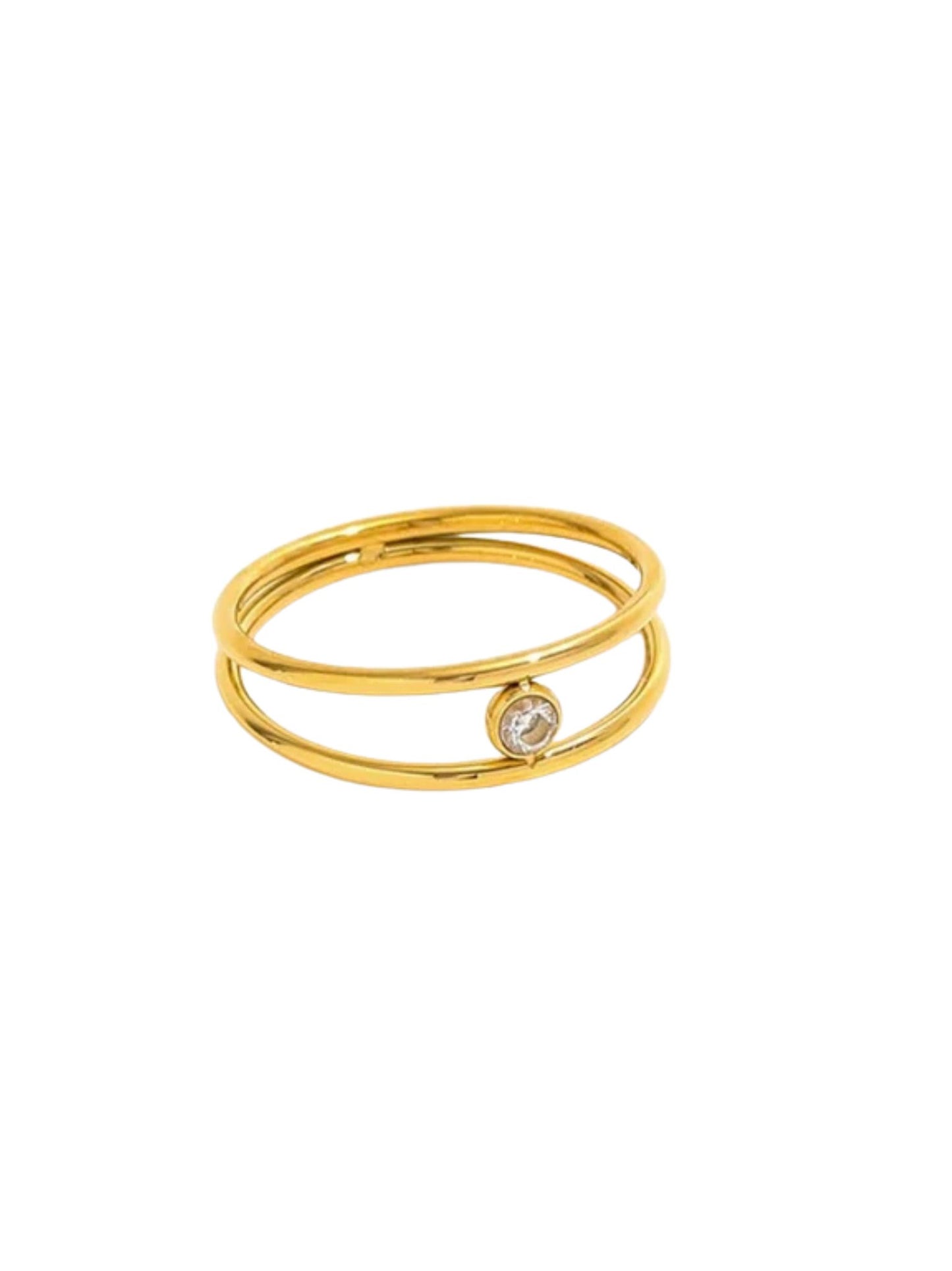Double Hoop Gold Ring with Shiny Zirconia