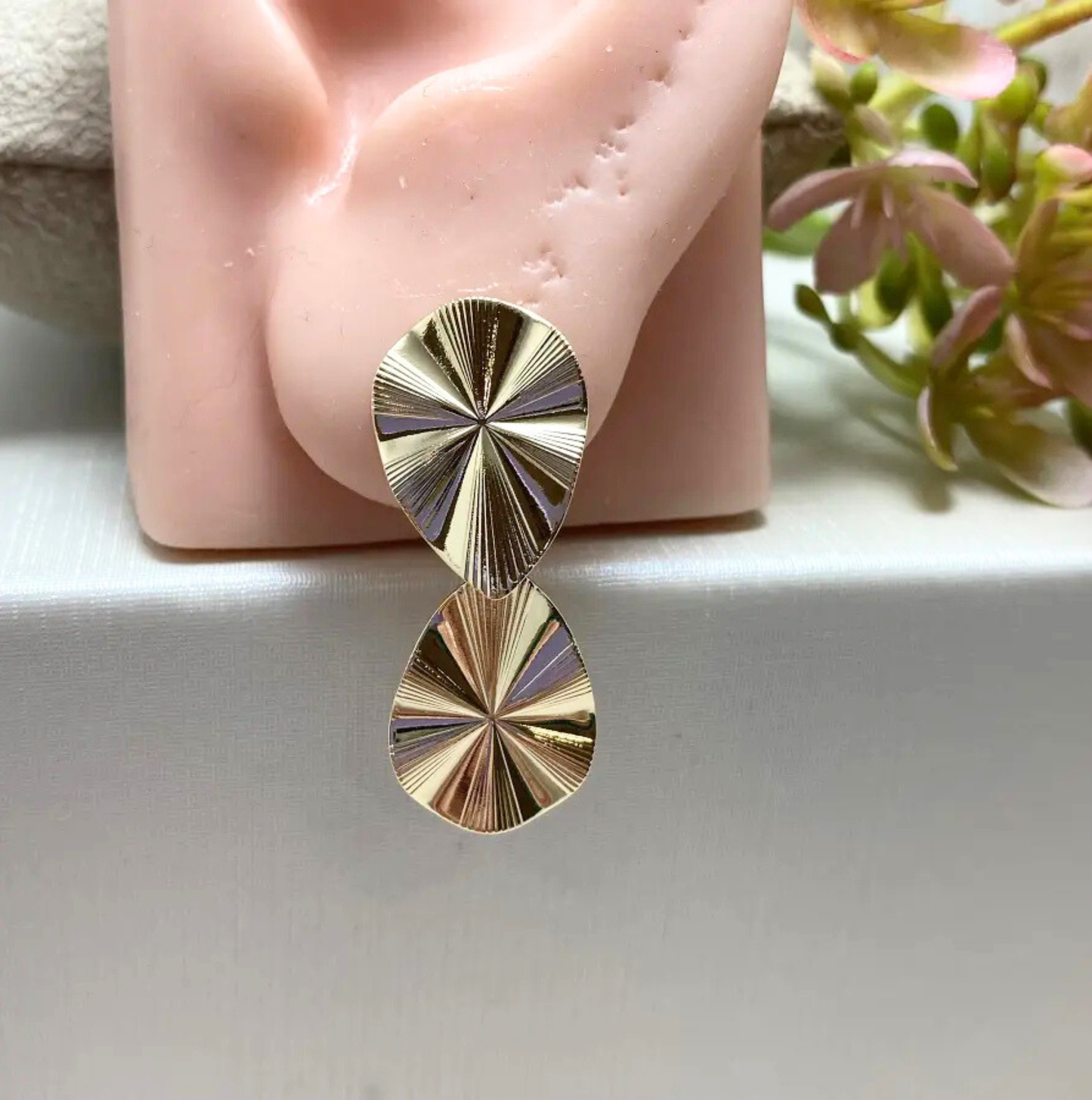 Two Drop Earrings with Frilled Detail, Gold-Plated Costume Jewelry