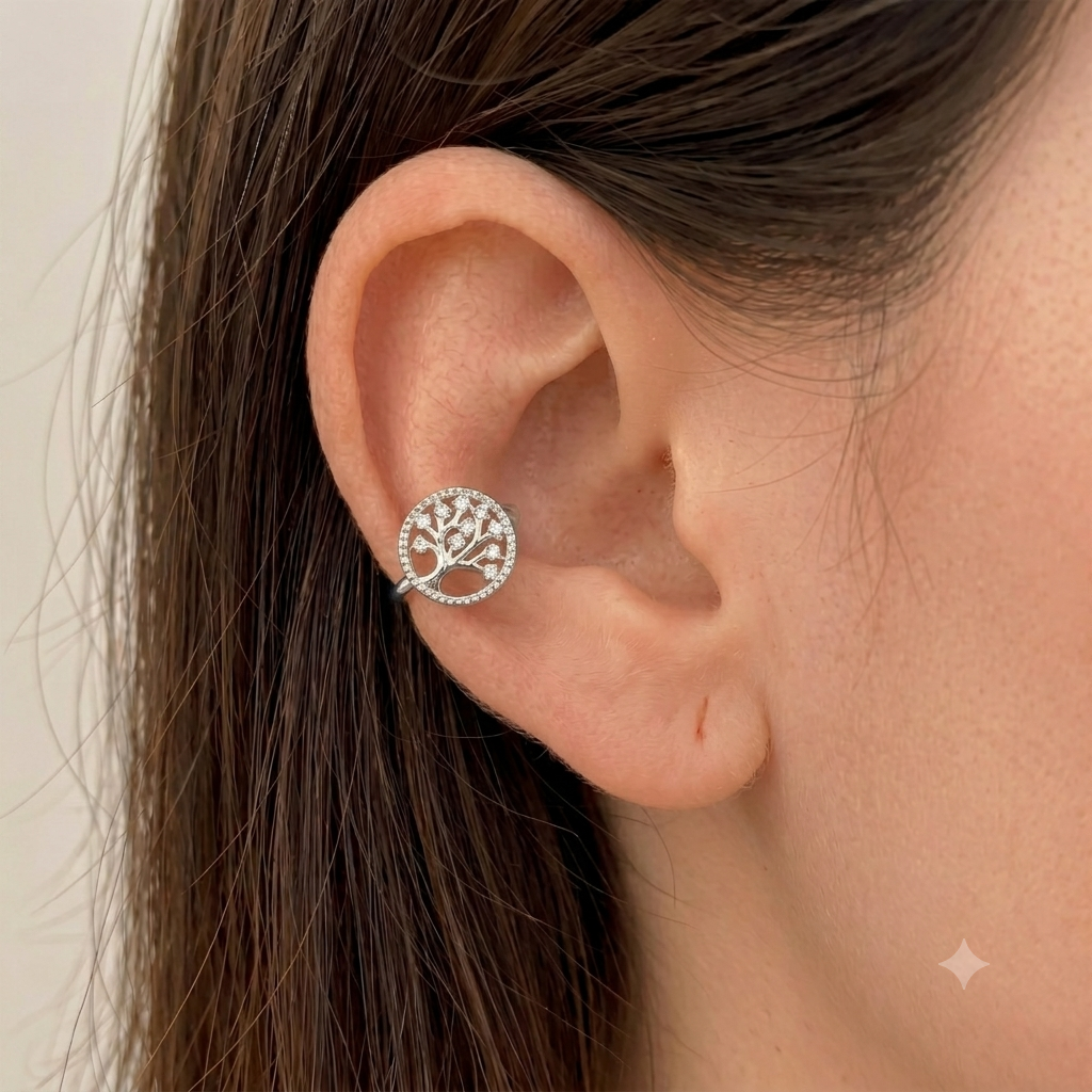 Ear Cuff Feminino em Aço Prateado com Árvore da Vida