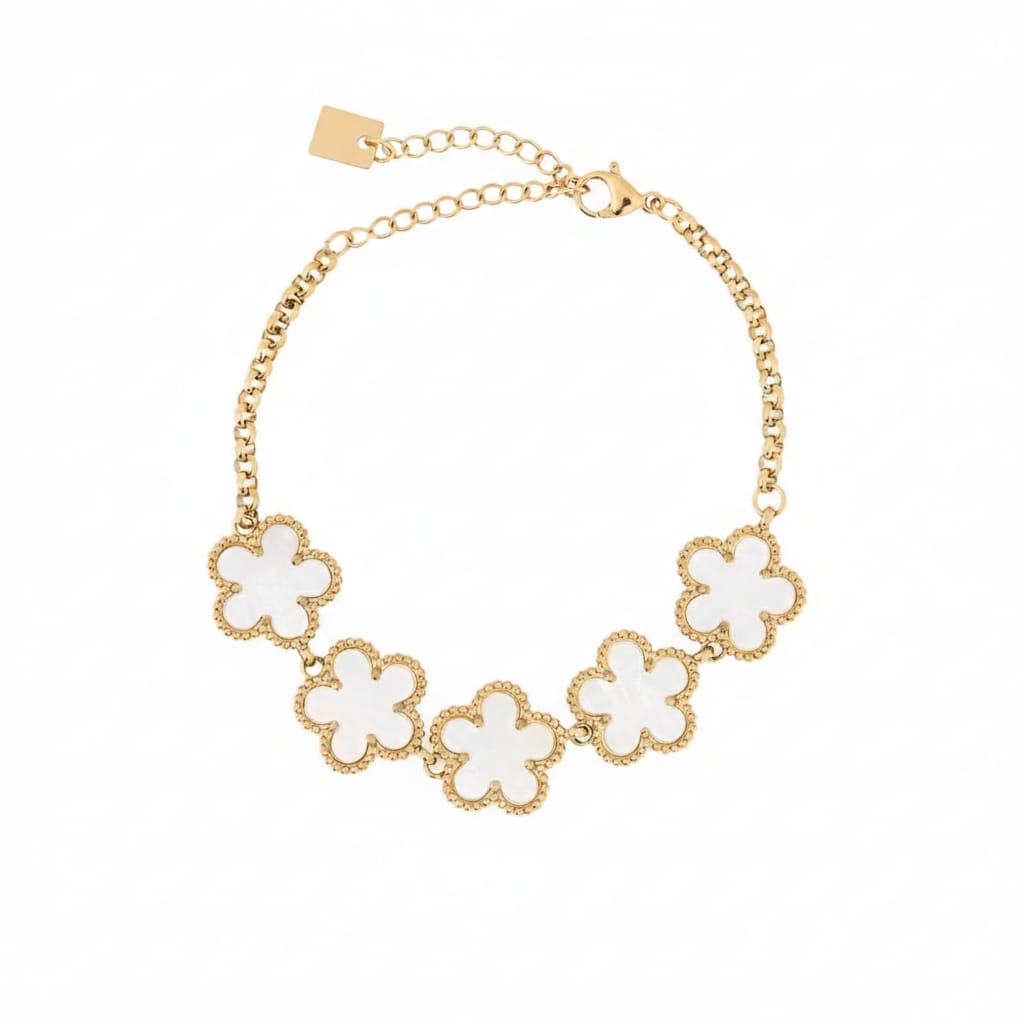 Gold-plated steel bracelet with 5 black clovers.