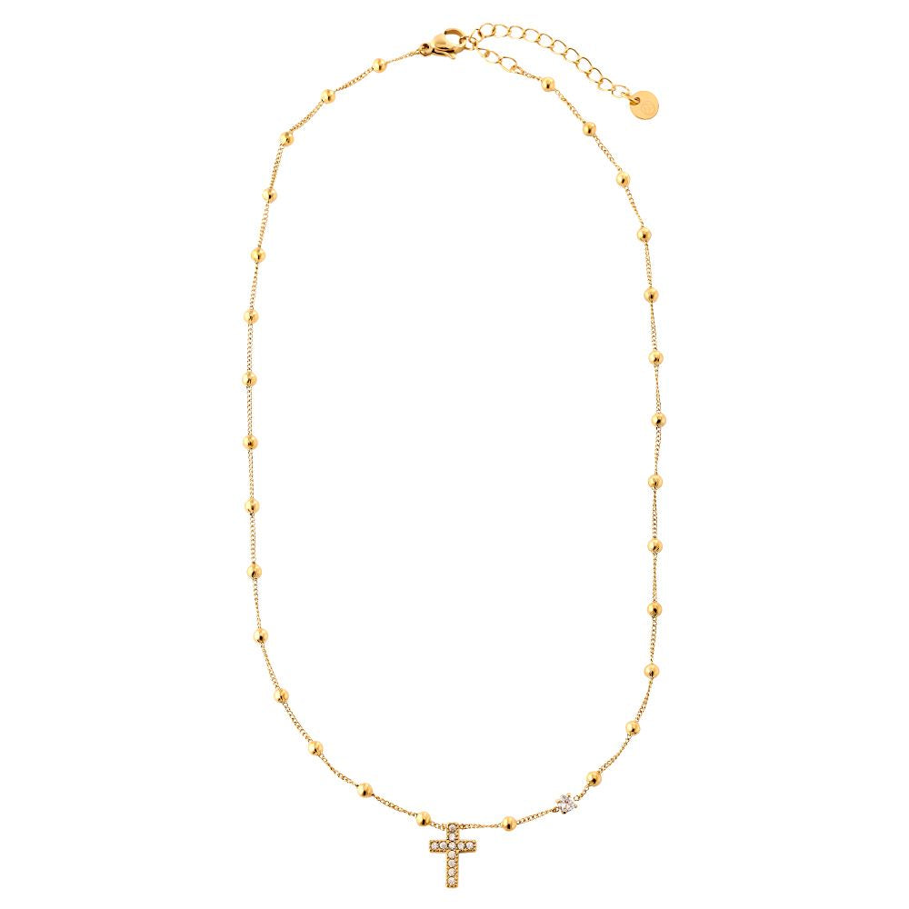 Necklace with Zirconia Studded Cross and Ball Chain