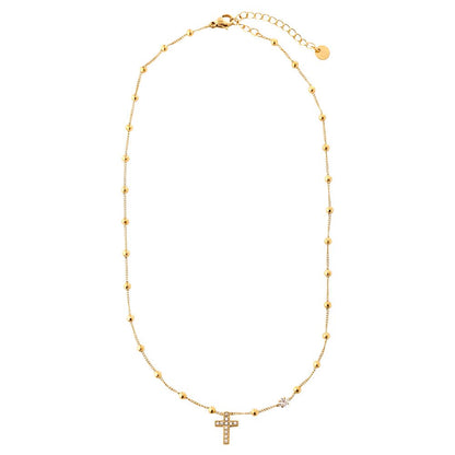 Necklace with Zirconia Studded Cross and Ball Chain