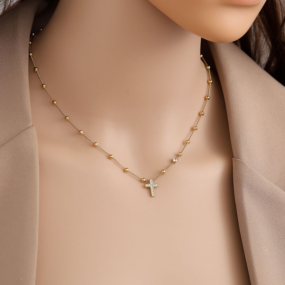 Necklace with Zirconia Studded Cross and Ball Chain