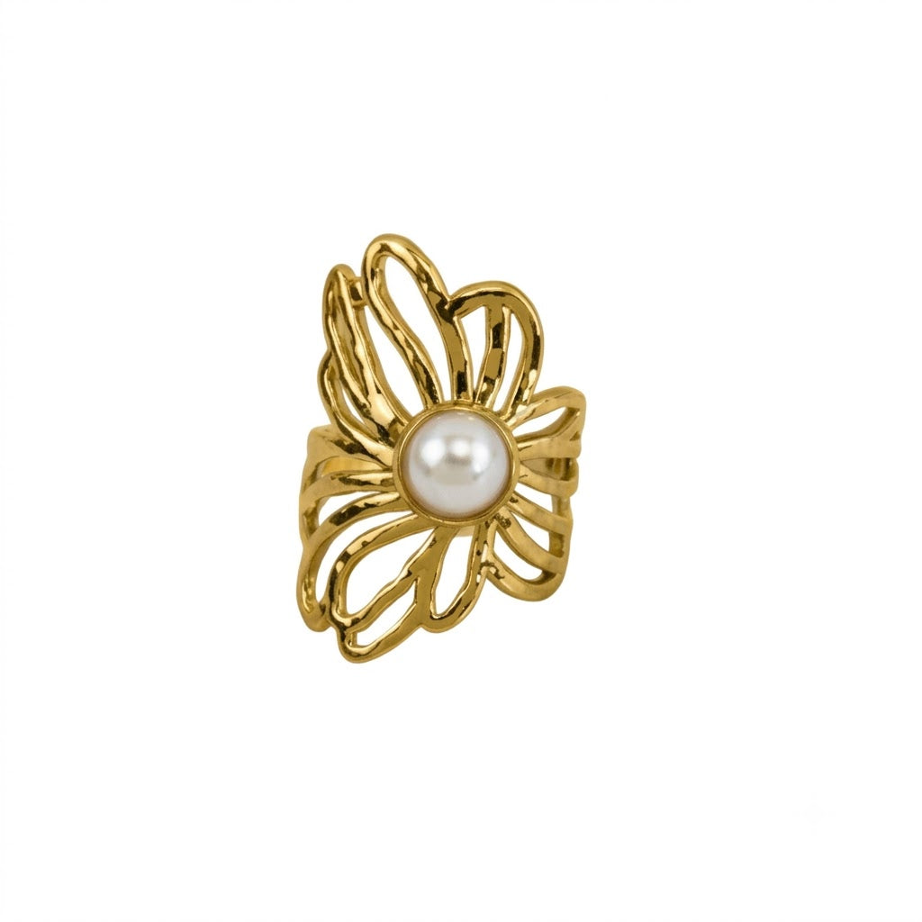 Anel Feminino em aço com Design de Flor e Pérola Central