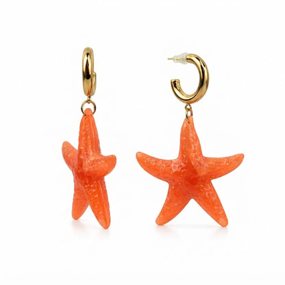 Brincos Femininos Dourados com Pendente de Estrela-do-Mar Laranja
