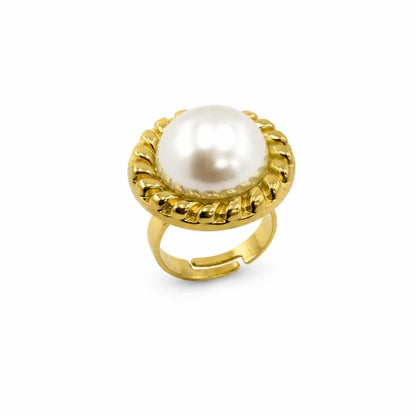 Anel Feminino Dourado Ajustável com Pérola Central e Rebordo