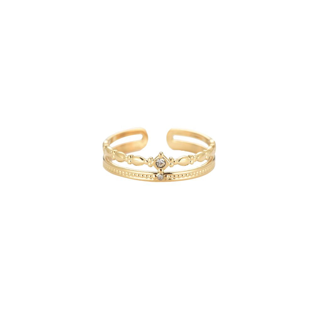 Adjustable Gold Double Band Ring with Delicate Crystals