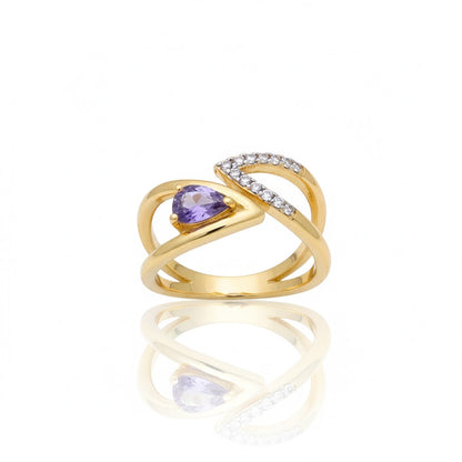 Geometric Gold Ring with Lilac Stone and Cubic Zirconia