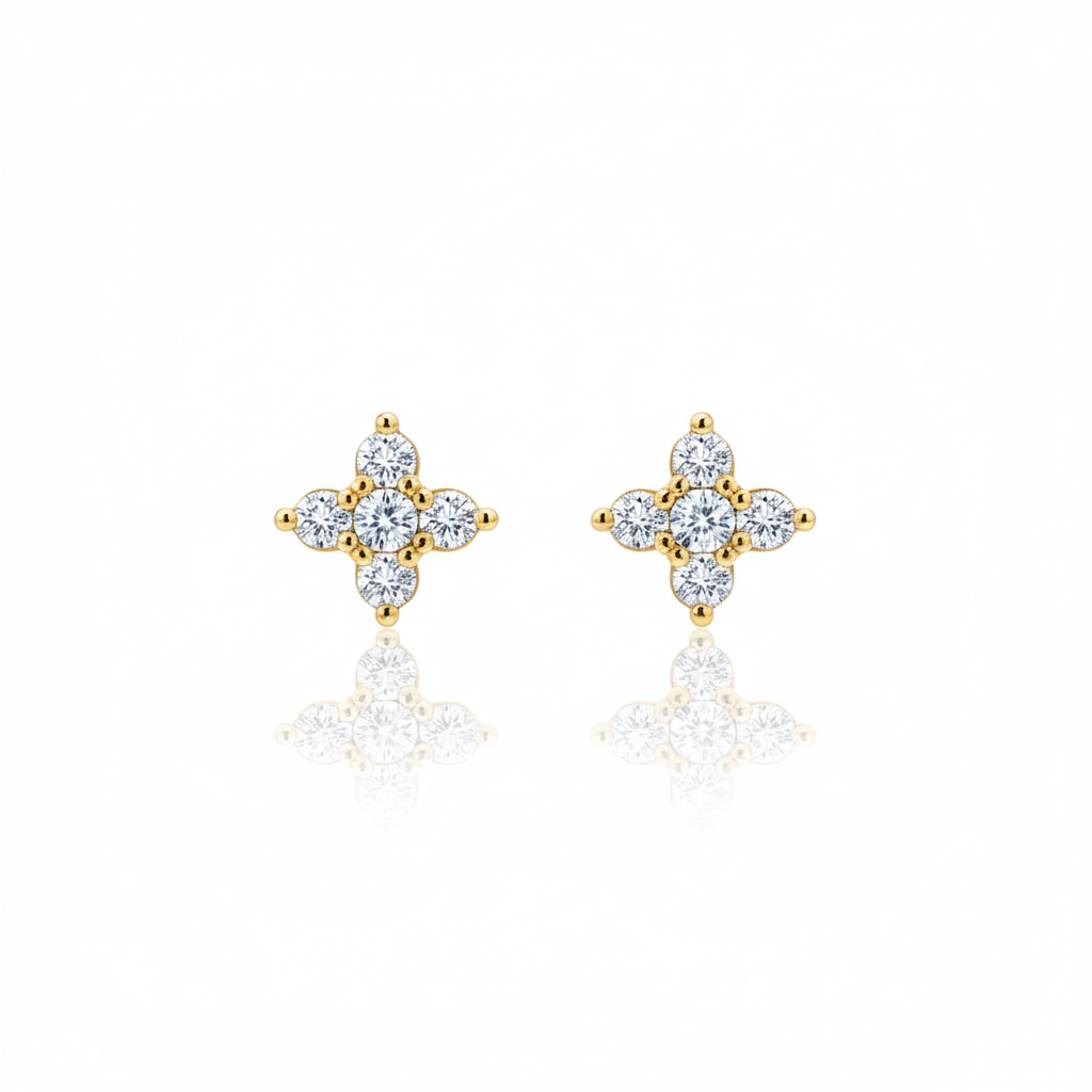 Gold-plated stainless steel earrings with a sparkling cubic zirconia flower.
