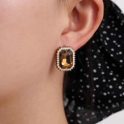 Gold Earrings with Rectangular Amber Crystal and Cubic Zirconia