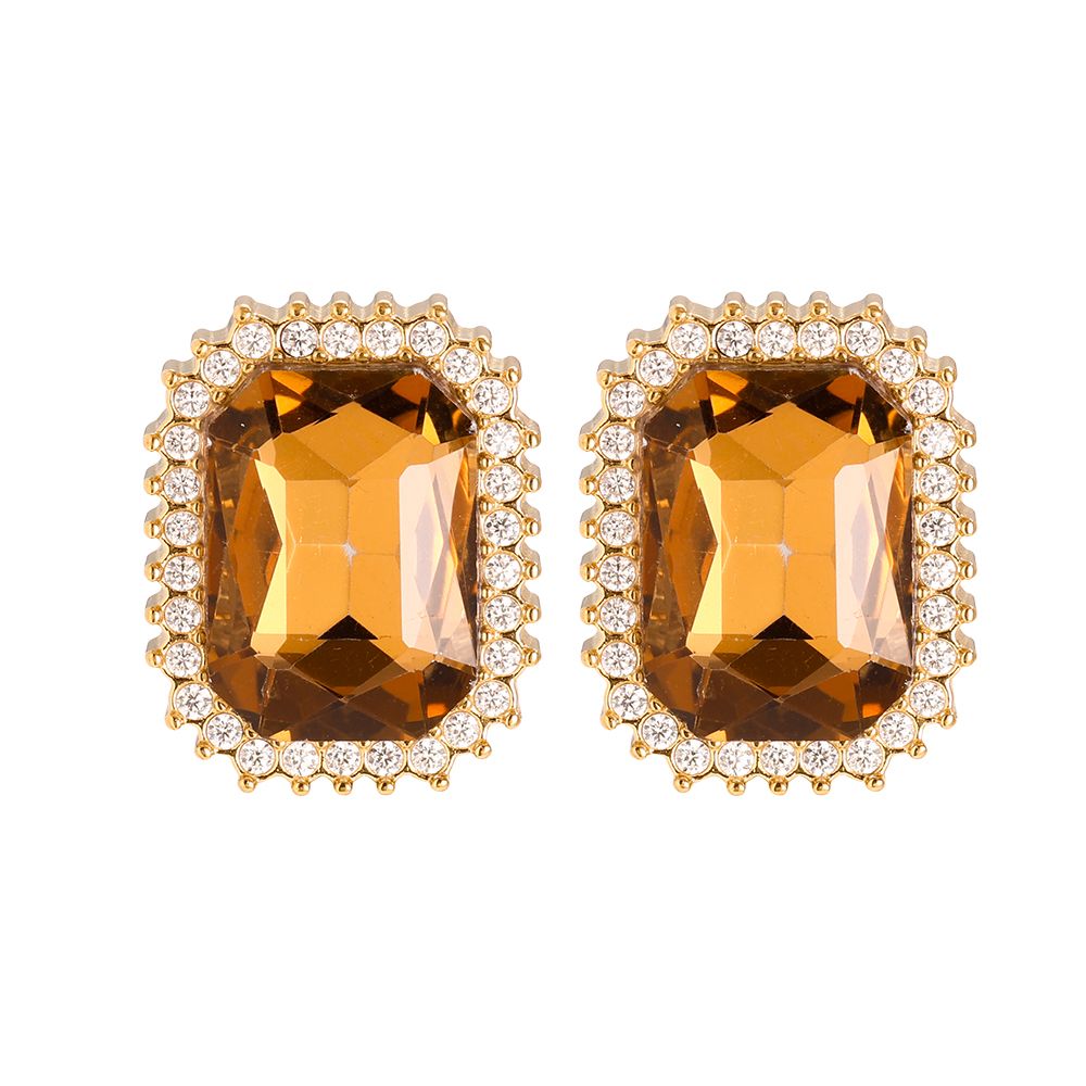 Gold Earrings with Rectangular Amber Crystal and Cubic Zirconia