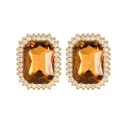 Gold Earrings with Rectangular Amber Crystal and Cubic Zirconia