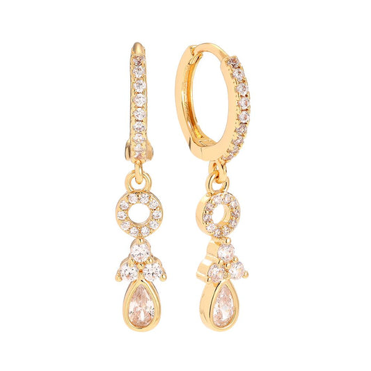 Gold earrings with circular pendants and a zirconia teardrop.