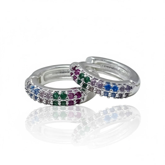 Small Silver Hoop Earrings with Colored Cubic Zirconia