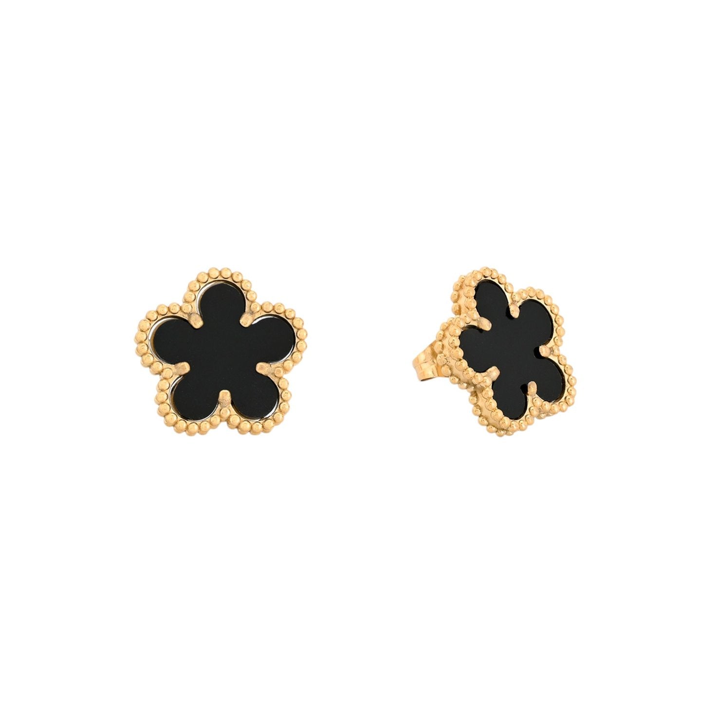Gold-tone steel earrings with a black clover.