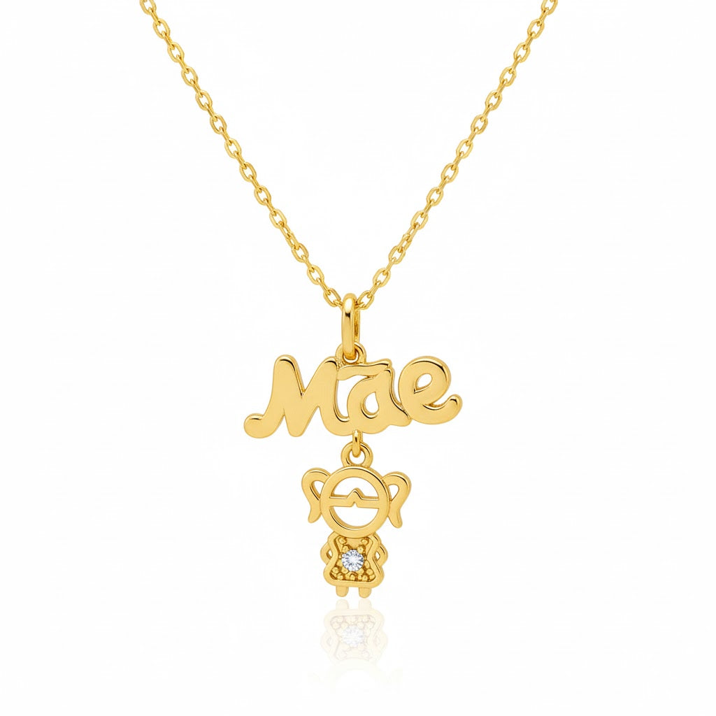 Gold Mother's Day Necklace with Girl Pendant and Cubic Zirconia