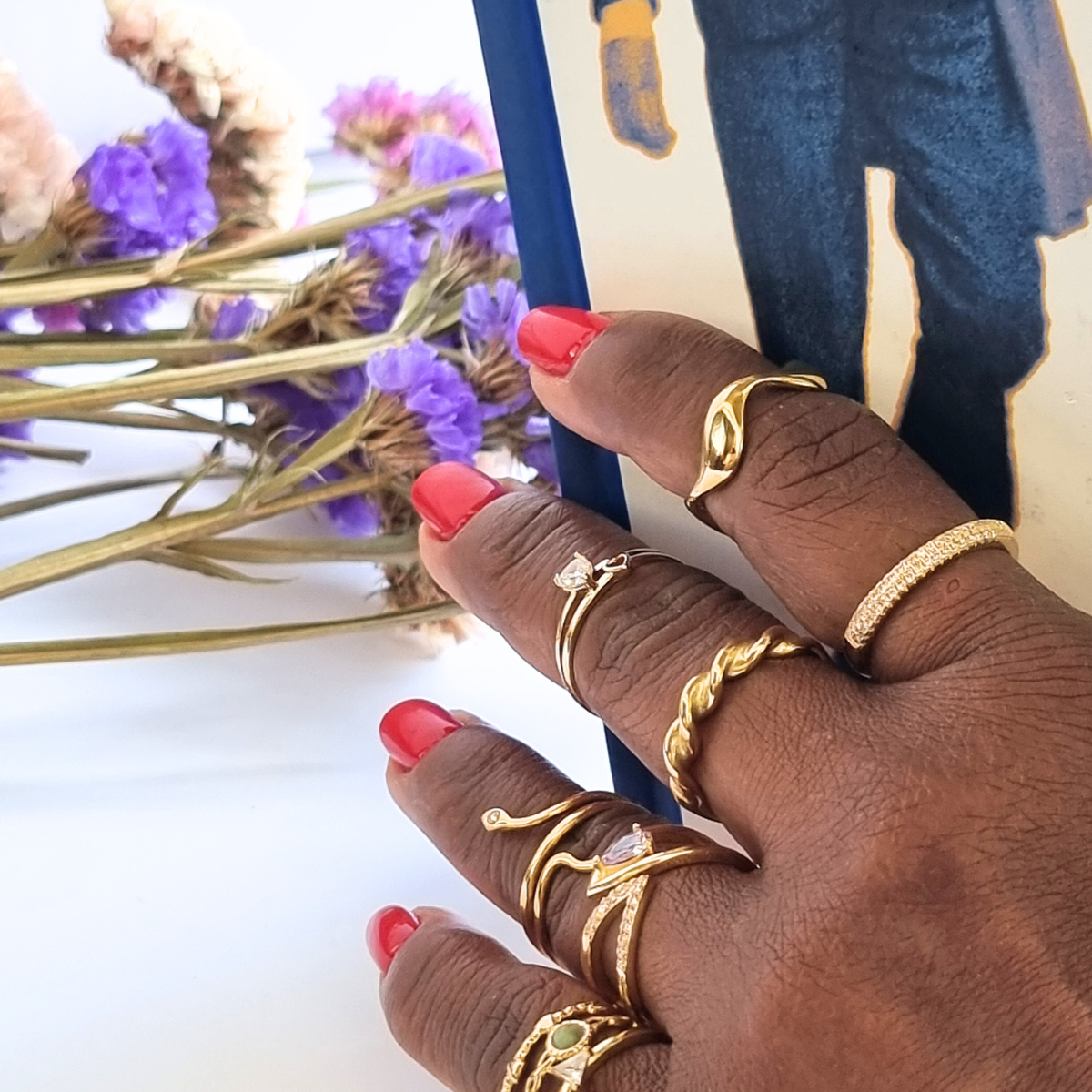 Gold-plated ring studded with cubic zirconia.
