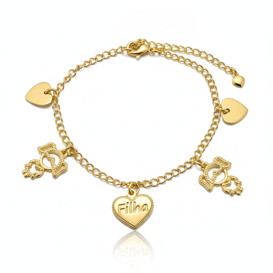 Pulseira 3 Corações com pingentes de Meninas em banho 18K