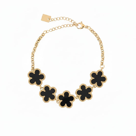 Gold-plated steel bracelet with 5 black clovers.