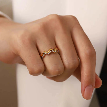 Gold Wave Ring Studded with Zirconias