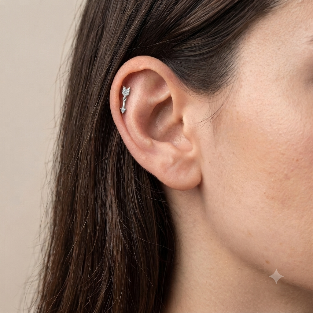 Piercing em Aço Prateado com Flecha e Zircônias